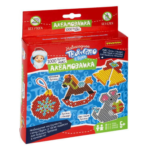 Новогодняя аквамозаика 1000 бусин «Мышка и елочные игрушки», Bondibon