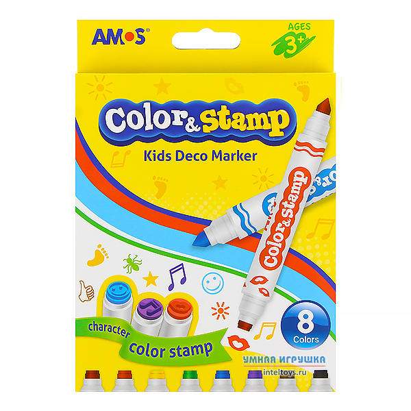 Двусторонние маркеры со штампами, 8 цветов, AMOS (Амос)