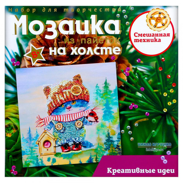 Мозаика из пайеток «Озорной котенок» на холсте, Волшебная мастерская