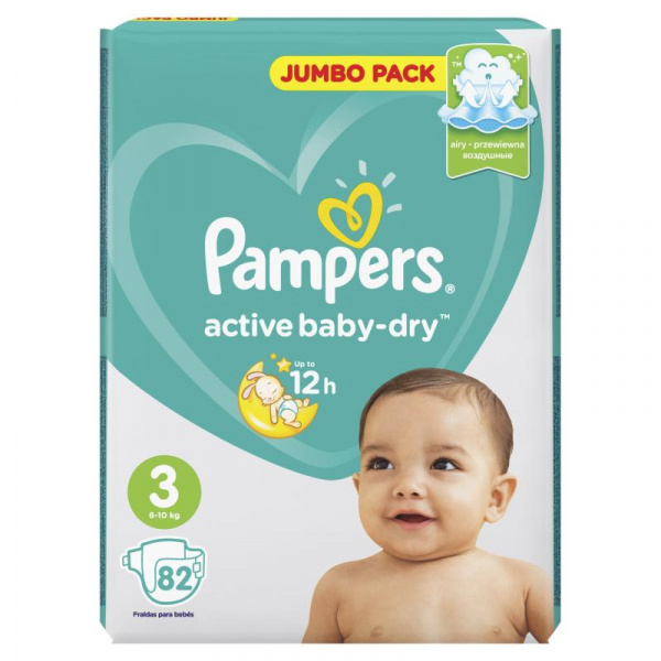 Подгузники Pampers Active Baby Dry Jumbo 3 midi (6-10 кг), 82 штуки