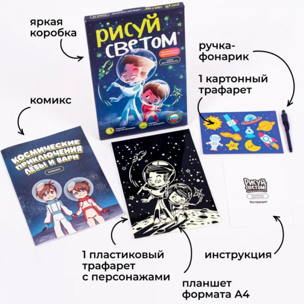 Набор Рисуй светом «Световые картины А4 Космическое приключение», Звездное небо фото 1